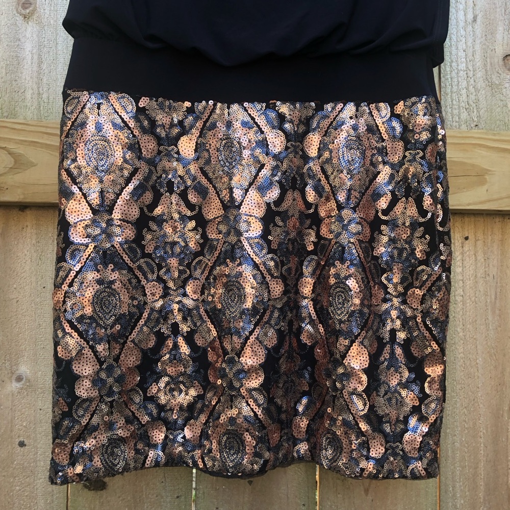 Betsy & Adam Blouson Mini Dress Size 8 Sequin Skirt Black Copper Sleeveless - Picture 3 of 12